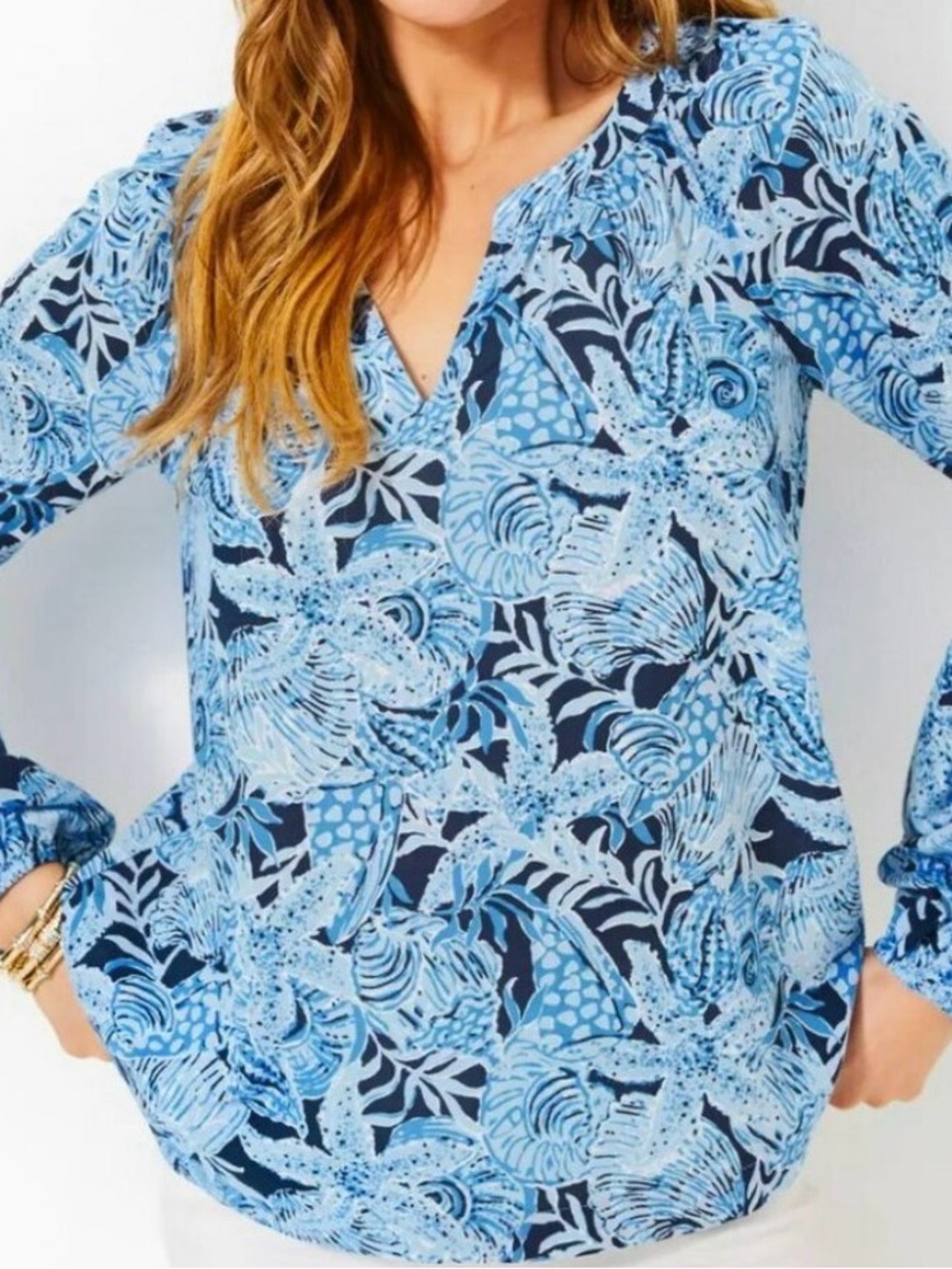 Blue Floral V-Neck Women's Blouse